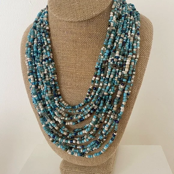 Unique Vintage Aqua Blue and White Beaded Necklace with carved wood clasp - Picture 1 of 9